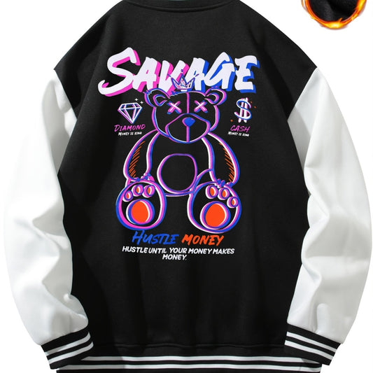 Bear Pattern Embroidery Varsity Jacket Men's Casual Button Up Jacket