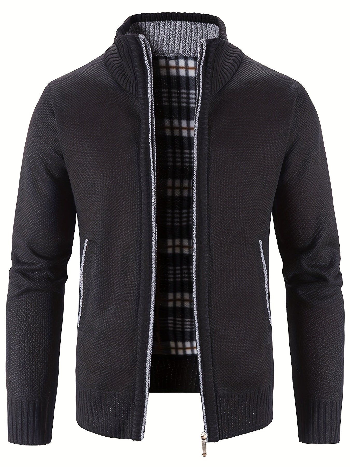Men's Warm Stand Collar Fleece Jacket - Zip Up Knitted Cardigan