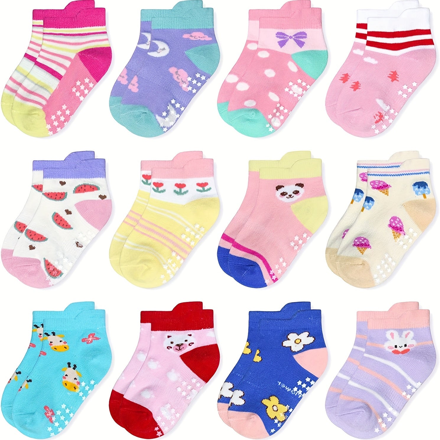 12 Pairs Girls Cartoon Toddler Socks Cotton Non-slip Walking Socks