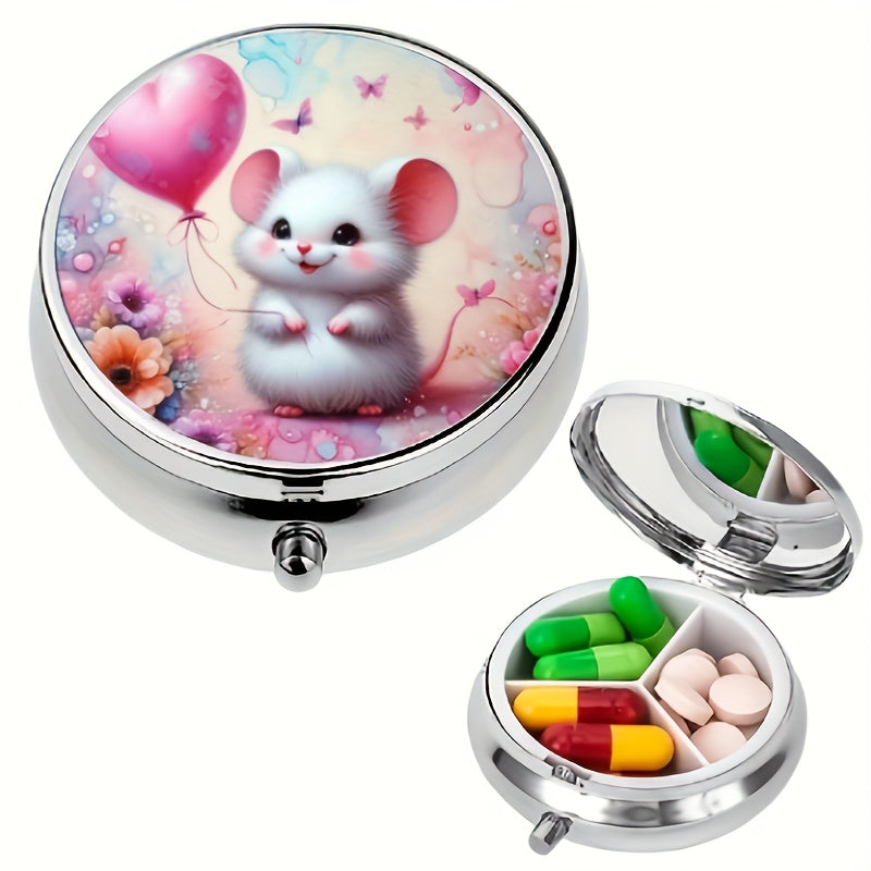 Metal Circular Medicine Box Balloon Hamster Pattern 3 Compartments