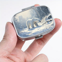 Polar Bear Print Pill Organizer 2 Compartment Metal Case for Travel & Outdoor