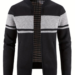 Men's Block Fleece Jacket Baseball Collar Zip Up Knitted Cardigan