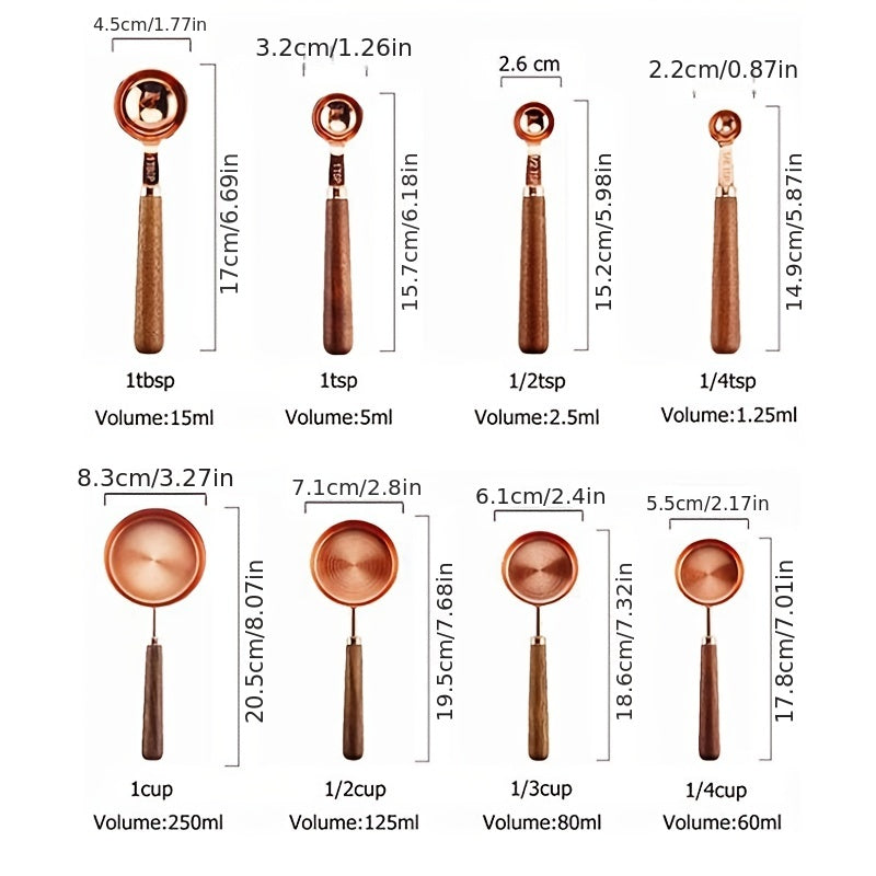8pcs Stainless Steel Measuring Cup & Spoon Set with Wooden Handle