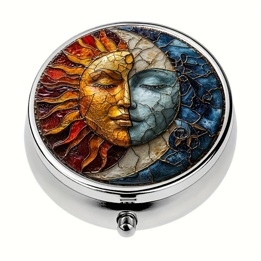 Sun Moon Art 3 Compartment Pill Box Wallet Portable Pocket Decoration Metal Medi