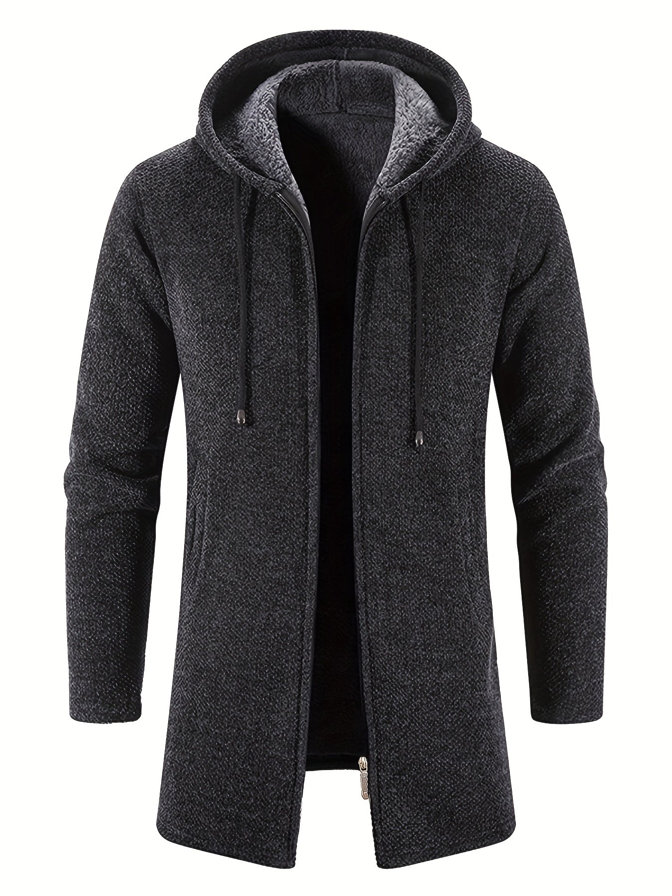 Plush Mid-length Jacket Men's Zip Up Hooded Jacket For Fall Winter