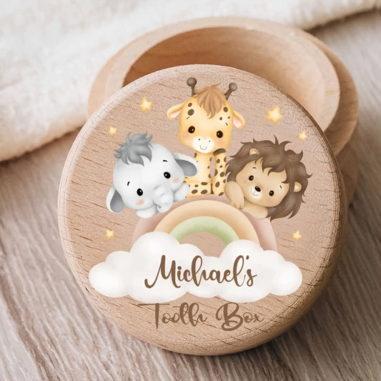 Personalized Wooden Tooth Keepsake Box for Kids Custom Animal Name Gift