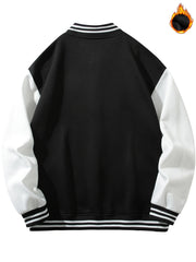 Men's Casual Baseball Jacket W Print Button Fleece Coat Block Outerwear Top