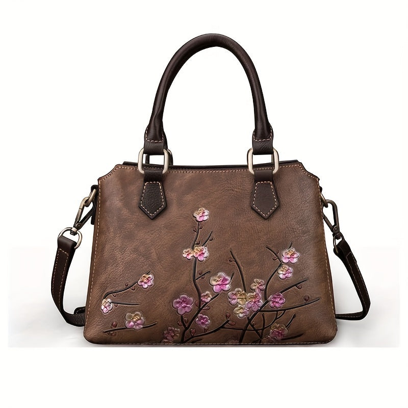 Vintage Floral Top Grain Leather Handbag Red & Coffee