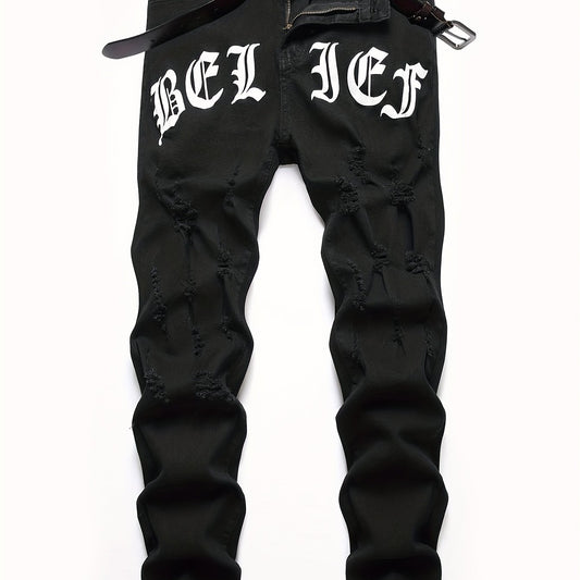 Distressed Slim Fit Biker Jeans Men's Casual Street Style Denim Pants