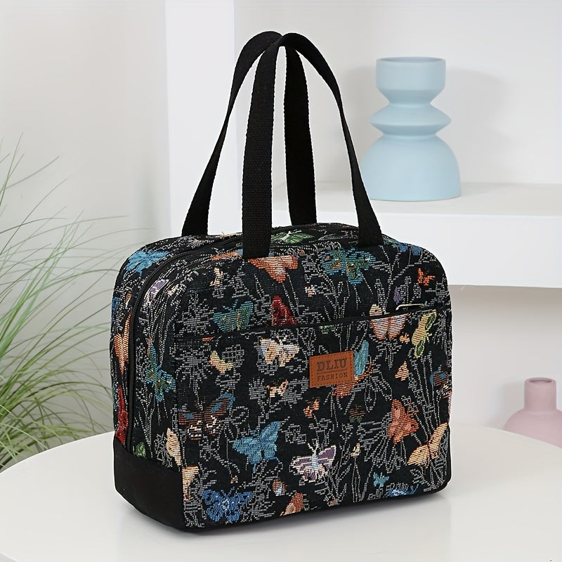 Vintage Style Nylon Lunch Bag Insulated Large Capacity Zippered Thermal Tote