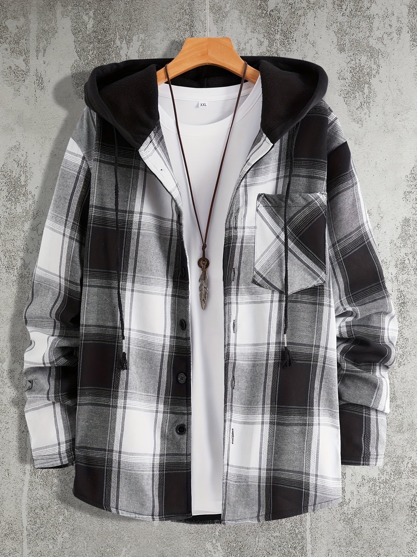 Men's Plaid Hooded Shirt Jacket Long Sleeve Regular Fit Coat