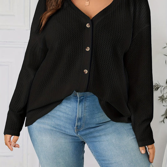 Solid Waffle Pattern Long Sleeve Cardigan