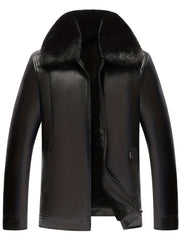 Men's Fleece PU Jacket Solid Zip-Up Fur Collar Faux Leather Fall Winter