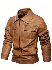 Men's Retro PU Leather Jacket Zip Up Lapel
