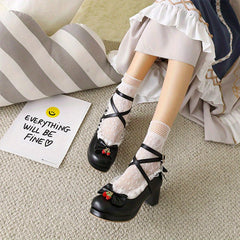 Women's Chunky Heels with Bowknot Decor, Sweet Strawberry Detail