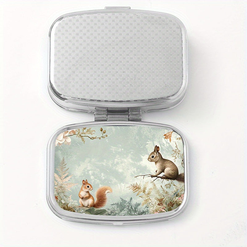 Squirrel Floral Print Pill Organizer Metal Case for Vitamins