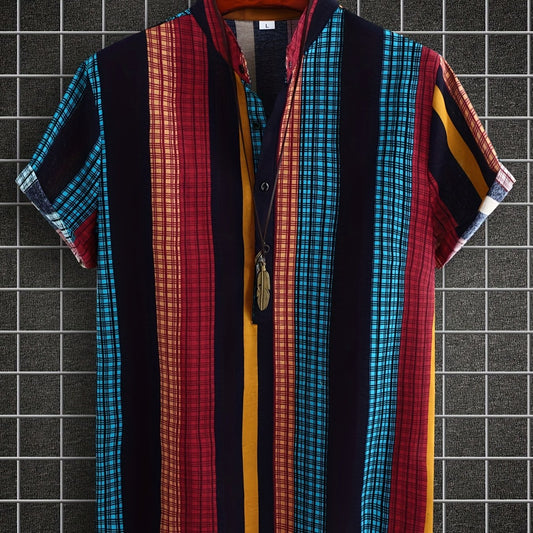Ethnic Stripe Print Men s Casual Short Sleeve Shirt Summer Vacation Resort Tops