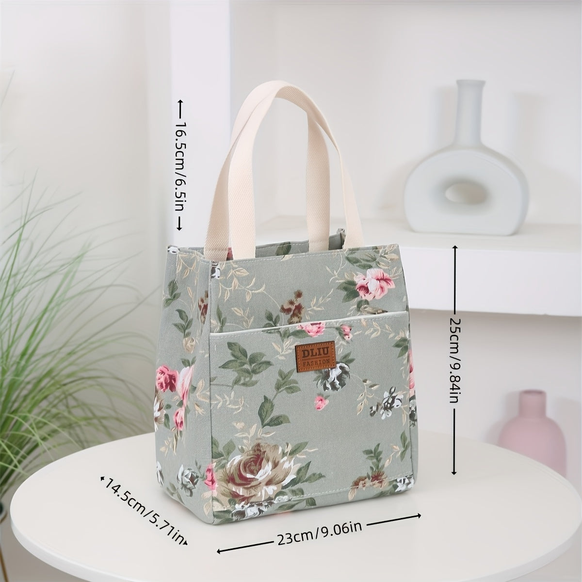 Vintage Floral Tote Bag with Zipper Closure and Front Pocket