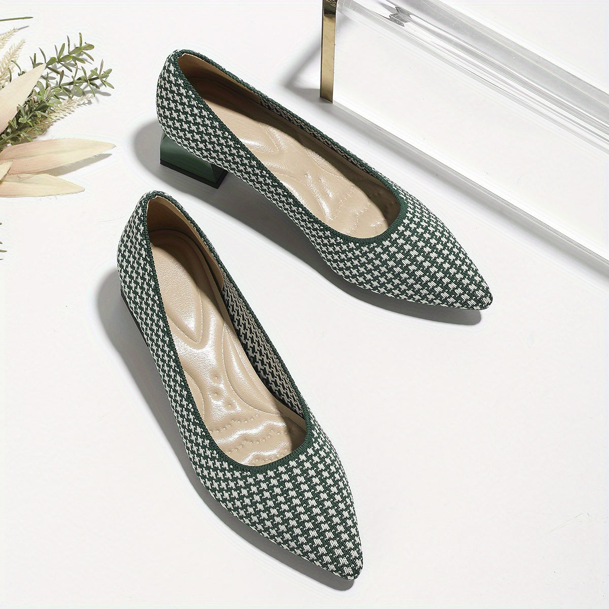Women's Houndstooth Slip On Chunky Heels Lightweight Shoes