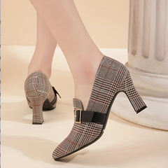 Women's Plaid Court Pumps Buckle Strap High Heels