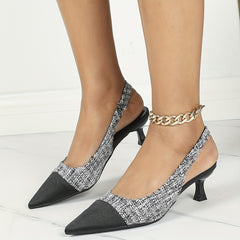 Women's Cap Toe Kitten Heels Pointed Toe Tweed Slip On Slingback Low Heels