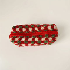 Checkered Cosmetic Bag Knitted Christmas Red Green Makeup Pouch