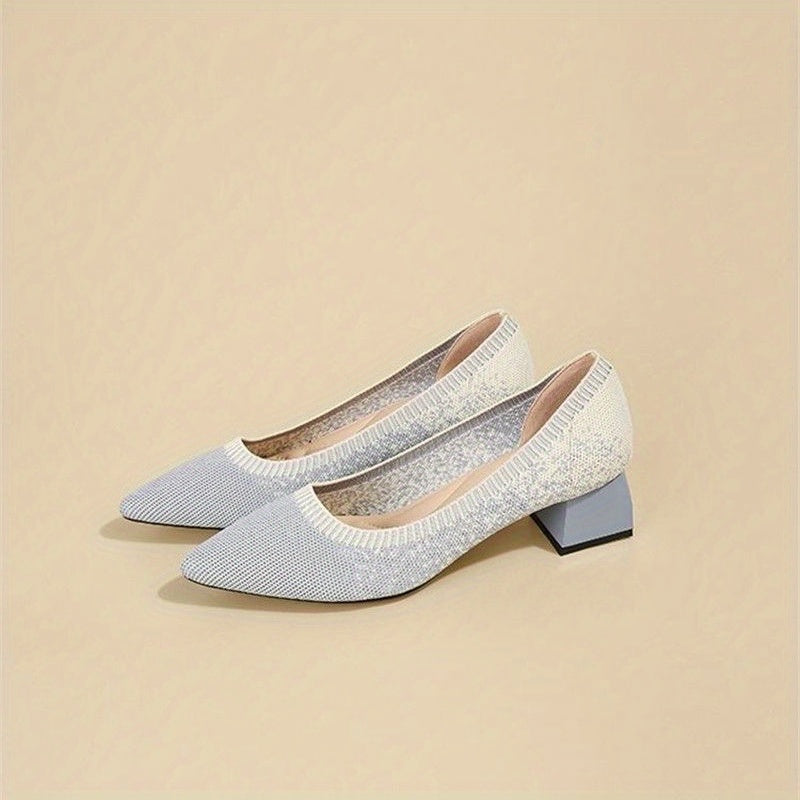 Women's Knitted Mid Heels Pointed Toe Slip On Chunky Heels Casual Shoes