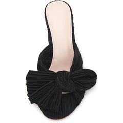 Women's Pleated Bow Knot Sandals Chunky Heel Open Toe Wedding High Heels