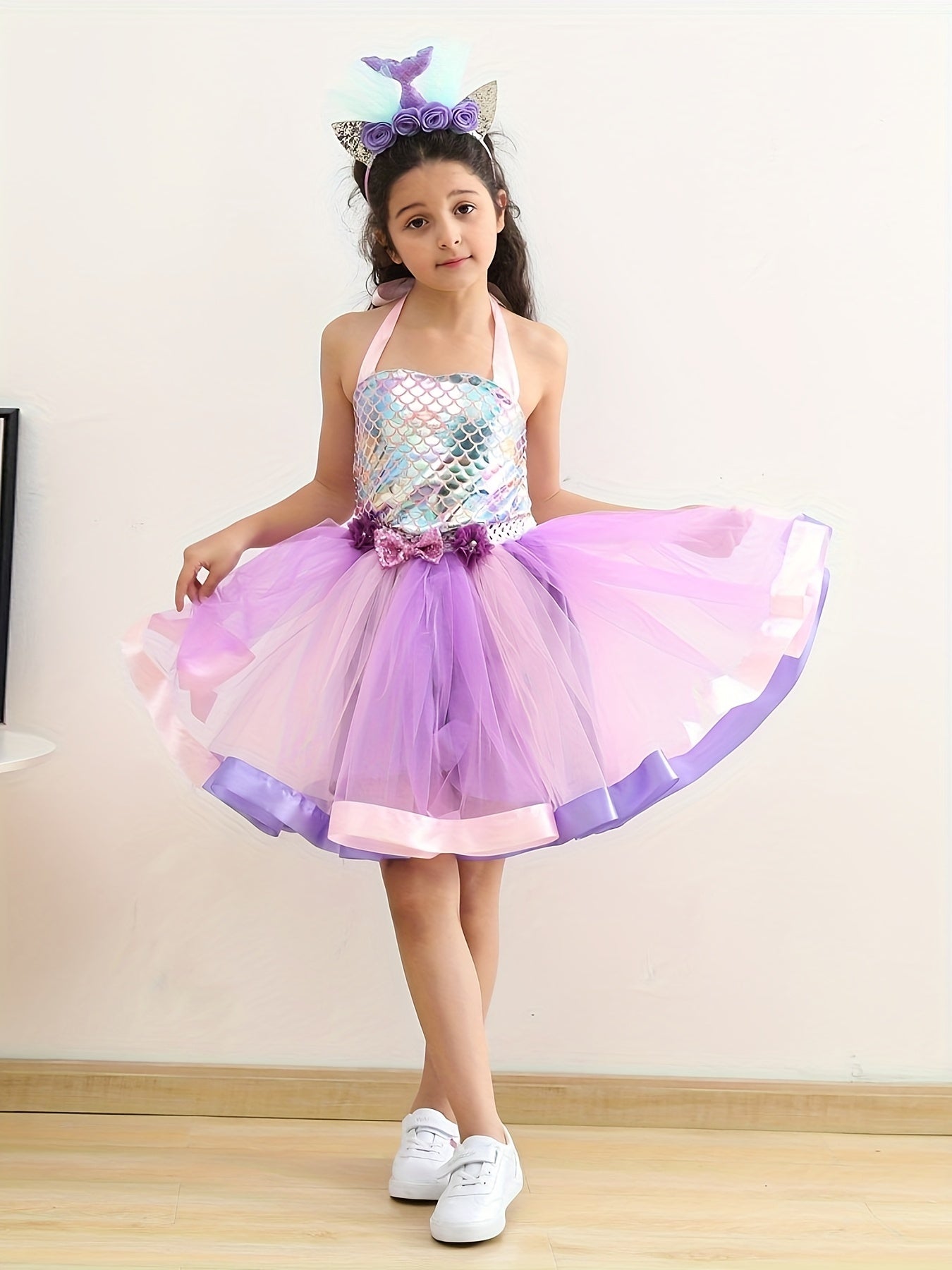 Mermaid Cosplay Costume & Headband Set Girl's Fish Scale Mesh Dress