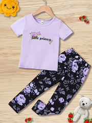 Toddler Girls Pajamas Set Cartoon Print Short Sleeve Top & Matching Pants