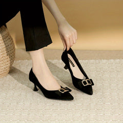 Women's Pointed Toe Kitten Heels with Metallic Buckle Decor