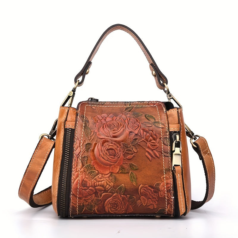 Vintage Floral Hand Painted Women's Shoulder Bag Cowhide Leather Urban Style