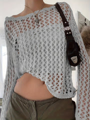 Crochet Beach Wear Knit Sweater Solid Crew Neck Long Sleeve Summer Sweater