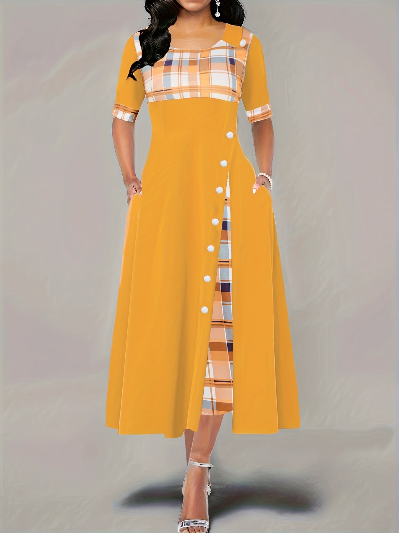 Plaid Print Splicing Dress Casual Crew Neck Short Sleeve Summer Asymmetrical Dre