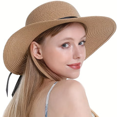 Straw Sun Hat Ribbon Bowknot Solid Sunscreen Beach Hats Floppy Foldable Cap