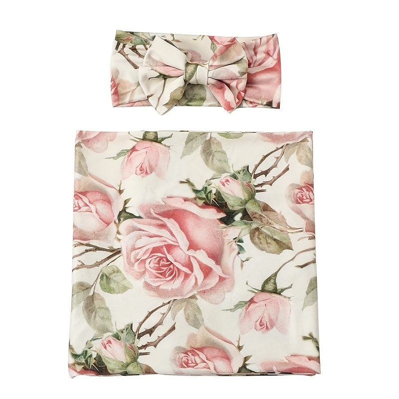 Ultra Soft Floral Swaddle Wrap & Headband Set Pink Roses Knit Girls Flower Kids