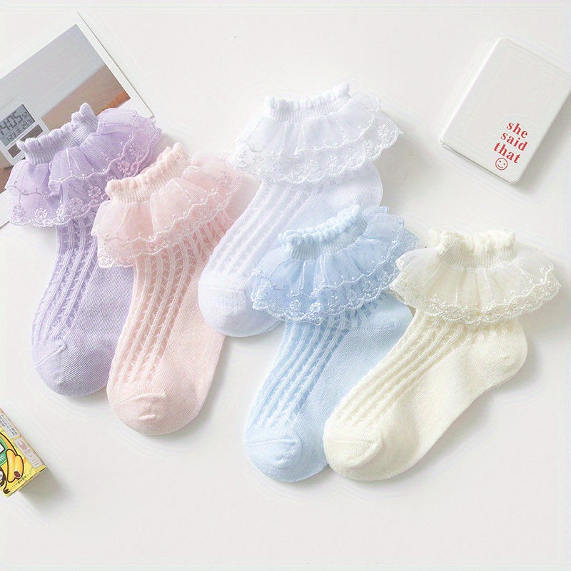 5 Pairs Girls Lace Brim Cotton Knit Socks for Autumn and Spring