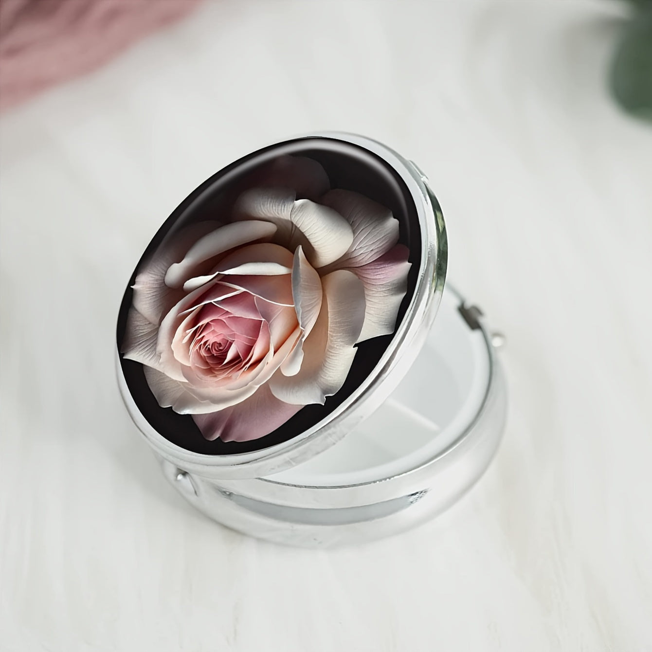 Floral Blooming Rose Round Pill Box 3 Compartment Pocket Travel Medicine Holder