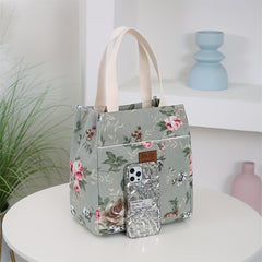 Vintage Floral Tote Bag with Zipper Closure and Front Pocket