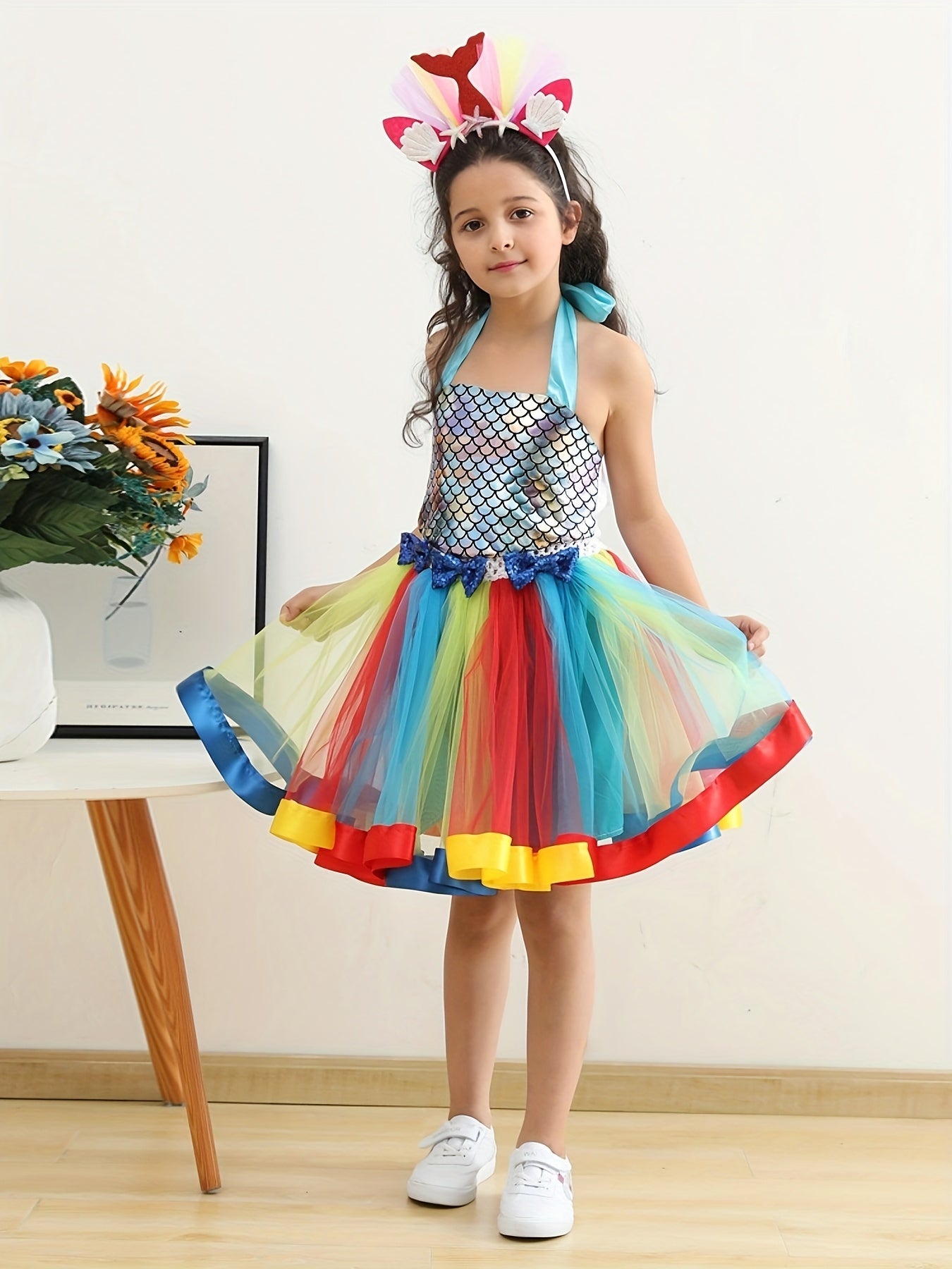 Mermaid Cosplay Costume & Headband Set Girl's Fish Scale Mesh Dress