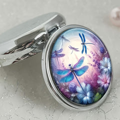 Dragonfly & Floral Round Pill Organizer 3 Compartments Portable Medicine Case