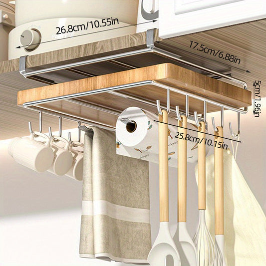 Stainless Steel Kitchen Storage Rack with Hooks and Paper Towel Holder
