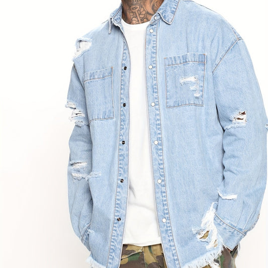 Men's Ripped Denim Jacket Street Style Button Up Collar