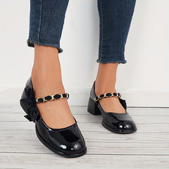 Women's Bowknot Mary Jane Chain Strap Round Toe Chunky Low Heels