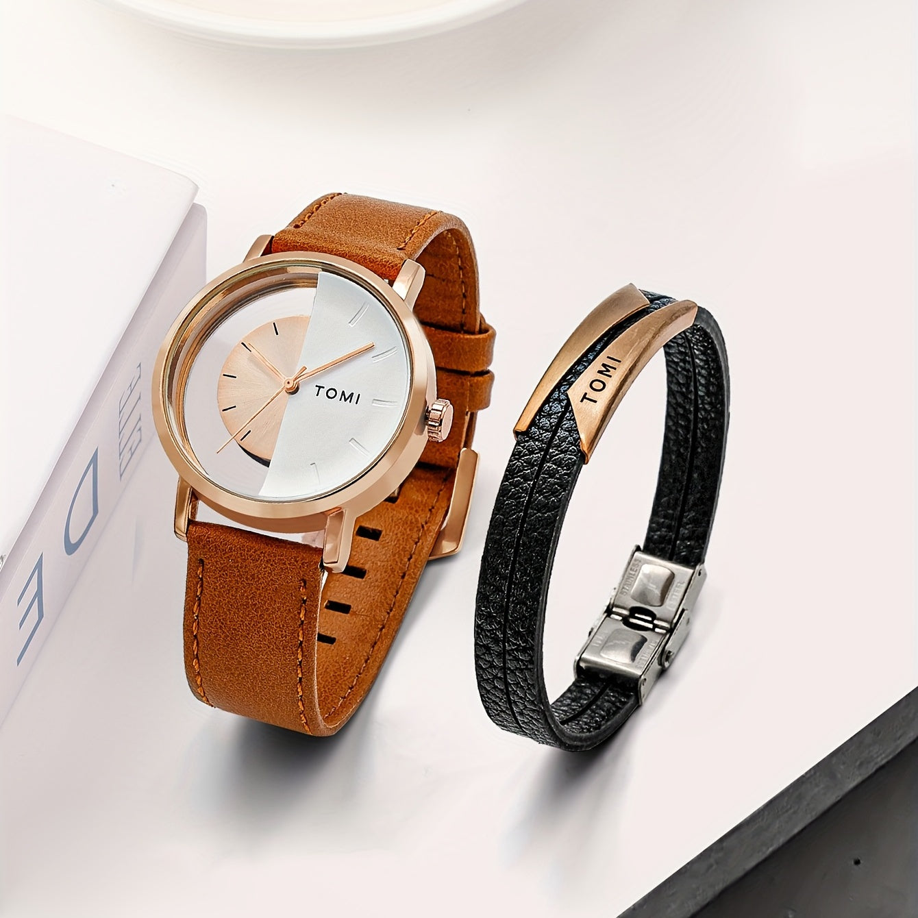 Men's Round Dial Quartz Watch & Letter Detail Bracelet Set