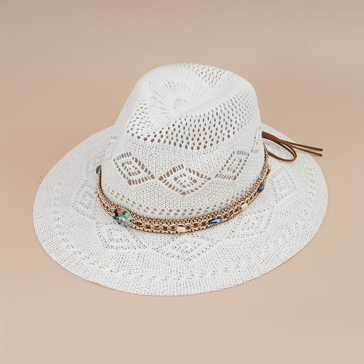 Boho Belt Decor Geometric Crochet Fedora Cap Breathable Summer Beach Hat
