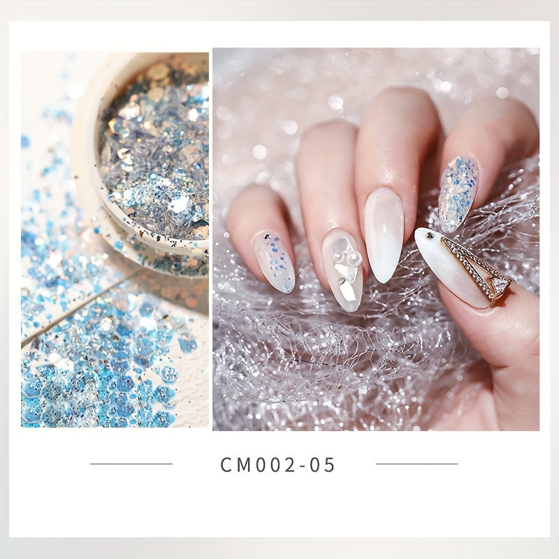 8 Boxes Nail Art Glitter Flakes Hexagon Sequins Powder for 3D Manicure