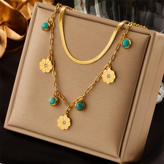 Boho Vintage Stainless Steel Double Chain Necklace with Flower Turquoise Pendant