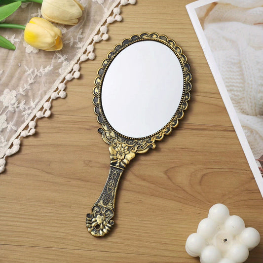 Vintage Hand Mirror Floral Pattern Handheld Makeup Mirror