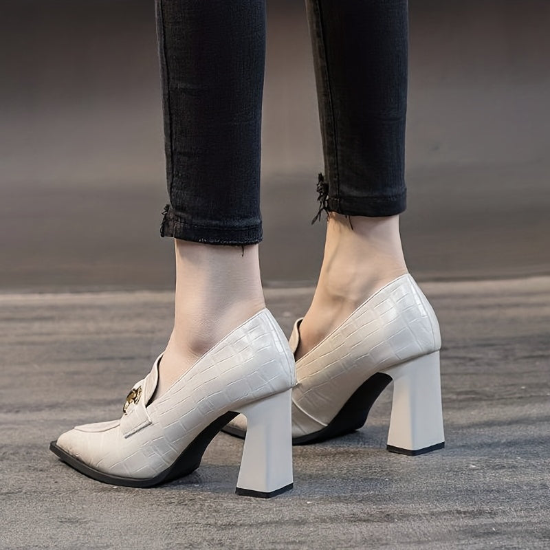 Women's Croc Print Court Pumps Buckle Decor Slip On Chunky Heels